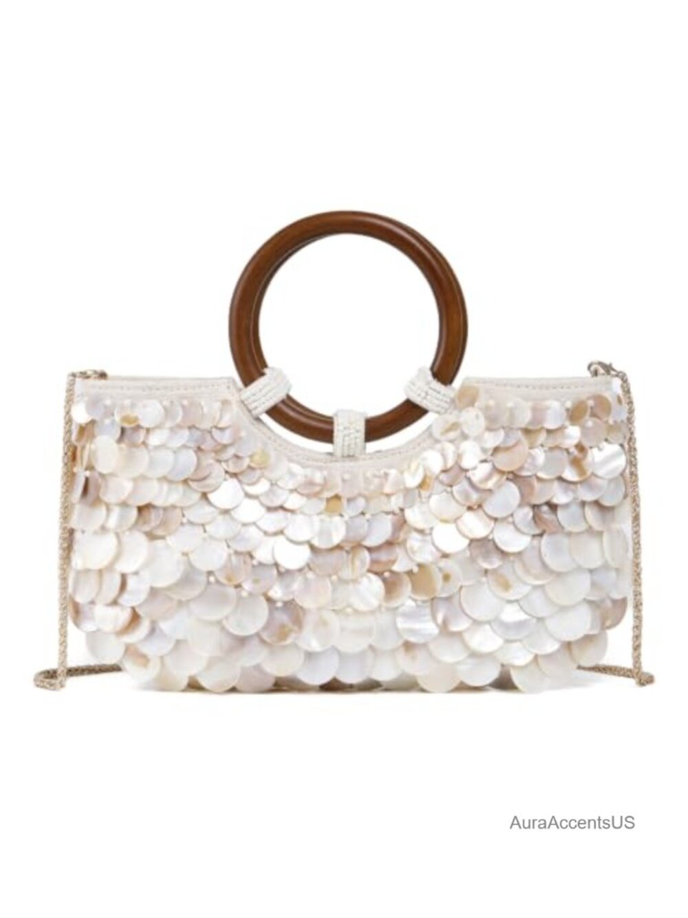 Handcrafted Seashell Beaded Clutch with Detachable Chain Strap